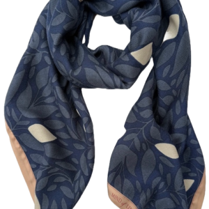 Mind Of Line – Bladprintet uldtørklæde m. silkekant (Mørkeblå)