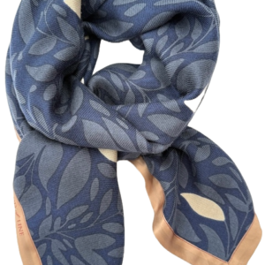 Mind Of Line – Bladprintet uldtørklæde m. silkekant (Mørkeblå)