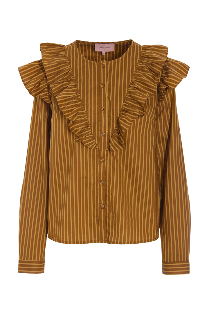 26540 Lucinda Ruffle Shirt Caramel Striped Extra 2